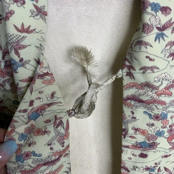 Vintage Floral Kimono Short Robe Jacket M Light Green Floral Lined Tie Waist - Picture 7 of 7